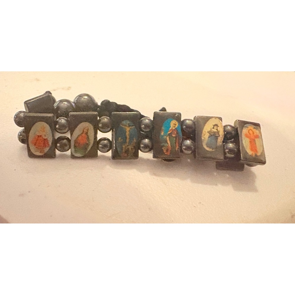 Vintage Catholic Saints Stretch Bracelet Hematite Beads Religious Icon Jewelry